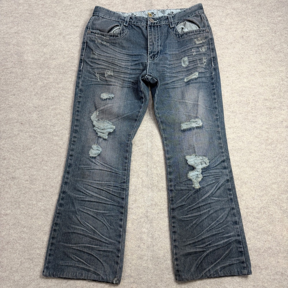 Danesi Mens Distressed Denim Jeans Blue Ripped Embroidered Y2K 34x30 Streetwear
